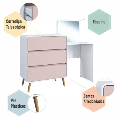 Cômoda Penteadeira 3 Gavetas Curve Branco com Rosa Completa Móveis