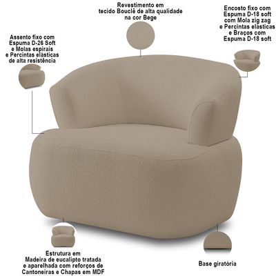 Kit Sofá 3 Lugares Para Sala 198cm Com 01 Poltrona Orgânica Florea M05 Bouclê Bege - Lyam Decor