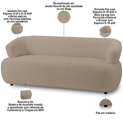 Kit Sofá 3 Lugares Para Sala 198cm Com 01 Poltrona Orgânica Florea M05 Bouclê Bege - Lyam Decor