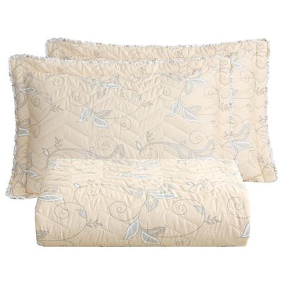 Kit Cobre Leito Colcha Lislie King 3 Peças Percal 300 Fios Dupla Face Estampado - Ramo Creme - 100% Poliéster