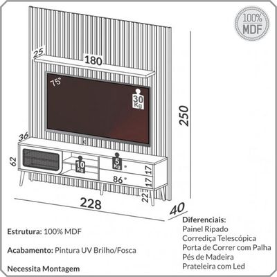 Rack Para Sala com Painel Ripado Para TV 60 Pol Fita LED Ada D03 Freijó - Lyam Decor