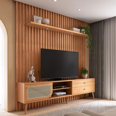 Rack Para Sala com Painel Ripado Para TV 60 Pol Fita LED Ada D03 Freijó - Lyam Decor