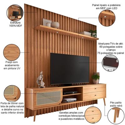 Rack Para Sala com Painel Ripado Para TV 60 Pol Fita LED Ada D03 Freijó - Lyam Decor