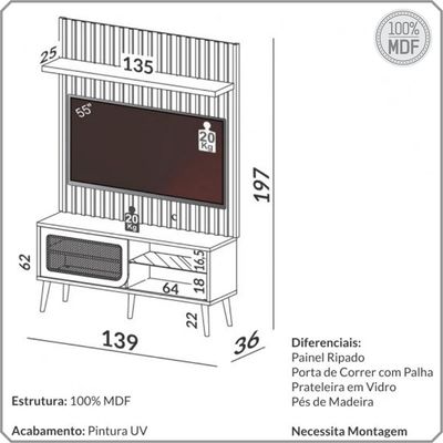 Rack Para Sala com Painel Ripado Para TV 55 Pol Egon D03 Freijó - Lyam Decor