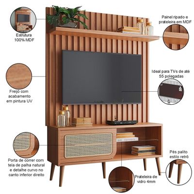 Rack Para Sala com Painel Ripado Para TV 55 Pol Egon D03 Freijó - Lyam Decor