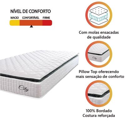 Colchão Solteiro Molas Ensacadas City Pillow Top 88x188x23cm Branco-preto Hellen Branco-pre
