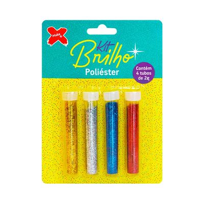 Glitter em Poliéster 8g com 4 Cores Ouro, Prata, Vermelho e Azul