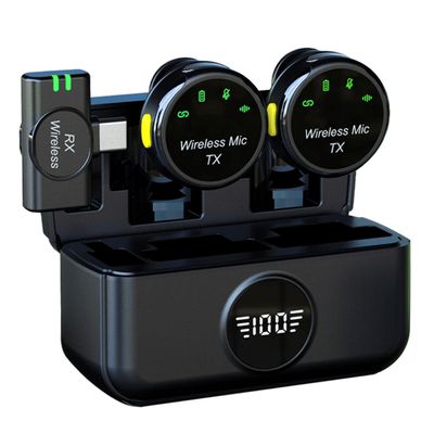 Microfone Duplo Lapela Sem fio 25 M Tipo C Case Carregamento