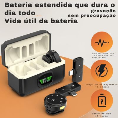 Microfone Duplo Lapela Sem fio 25 M Tipo C Case Carregamento