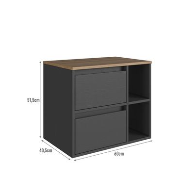 Gabinete de Banheiro Suspenso 60cm com 2 Nichos 1 Porta Basculante e 1 Gaveta BH8005 Mel/Grafite Sem Cuba