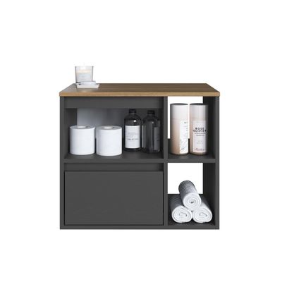 Gabinete de Banheiro Suspenso 60cm com 2 Nichos 1 Porta Basculante e 1 Gaveta BH8005 Mel/Grafite Sem Cuba