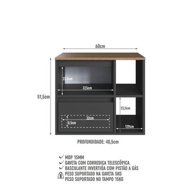 Gabinete de Banheiro Suspenso 60cm com 2 Nichos 1 Porta Basculante e 1 Gaveta BH8005 Mel/Grafite Sem Cuba
