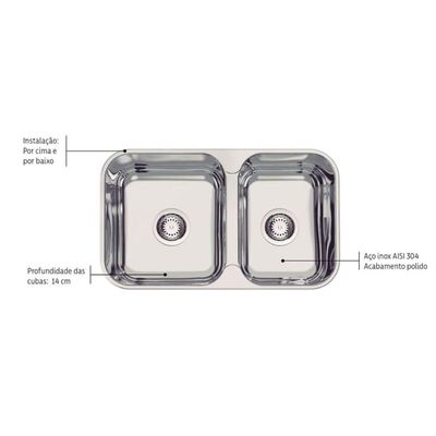 Cuba Dupla Tramontina Isis Aço Inox Polido 69x40cm Sobrepor Embutir Pia Cozinha
