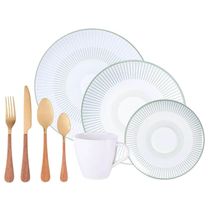 Aparelho de Jantar em Porcelana e Faqueiro Dourado Aço Inox 24 Peças Elegante Luxo