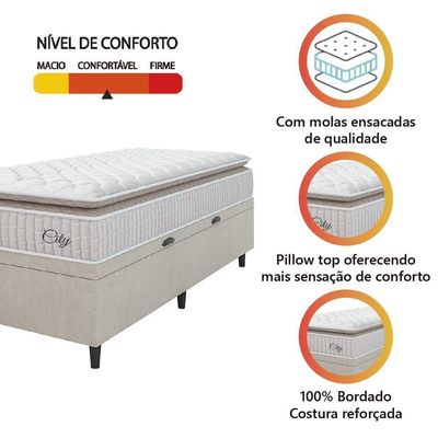 Cama Box Baú Colchão Solteiro Molas Ensacadas City Pillow Top 88x188x64cm Branco-Bege Hellen Suporta até 110kg por Pessoa