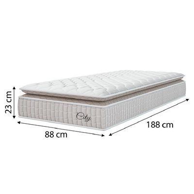 Cama Box Baú Colchão Solteiro Molas Ensacadas City Pillow Top 88x188x64cm Branco-Bege Hellen Suporta até 110kg por Pessoa
