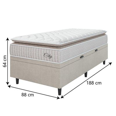 Cama Box Baú Colchão Solteiro Molas Ensacadas City Pillow Top 88x188x64cm Branco-Bege Hellen Suporta até 110kg por Pessoa