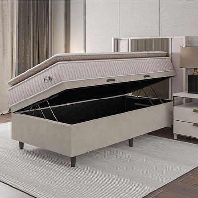 Cama Box Baú Colchão Solteiro Molas Ensacadas City Pillow Top 88x188x64cm Branco-Bege Hellen Suporta até 110kg por Pessoa