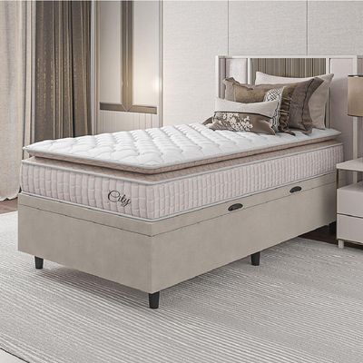 Cama Box Baú Colchão Solteiro Molas Ensacadas City Pillow Top 88x188x64cm Branco-Bege Hellen Suporta até 110kg por Pessoa