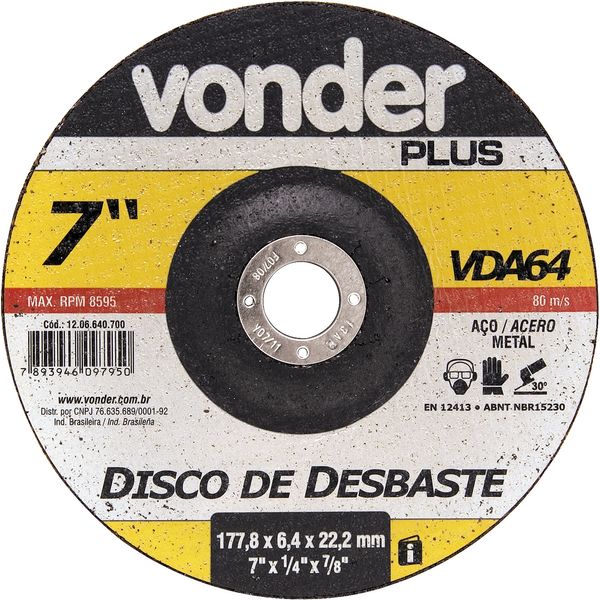 Disco De Desbaste 177,8x5,0x22,22 Para Aço Carbono Vda64 - V