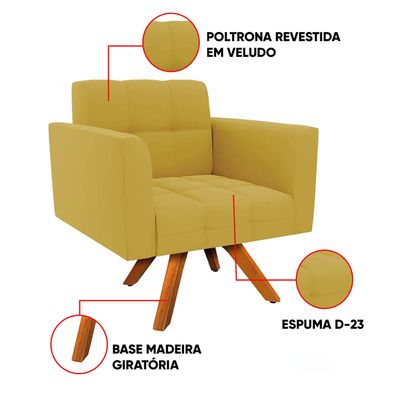 Poltrona Sala Decorativa Kit 2 Elisa Giratória Castanho MM30 Veludo Mostarda D03 - D'Rossi