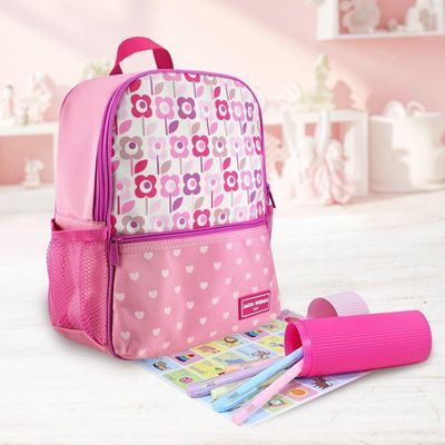 Kit Mochila Infantil + Porta Acessórios Jacki Design Rosa Flor