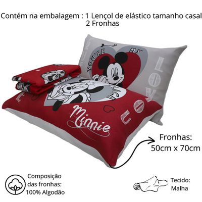 Jogo de Cama Portallar Casal Malha Mista Estampado Disney Joy Mickey Minnie Lovers 3 Peças Vermelho