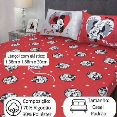 Jogo de Cama Portallar Casal Malha Mista Estampado Disney Joy Mickey Minnie Lovers 3 Peças Vermelho
