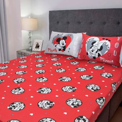 Jogo de Cama Portallar Casal Malha Mista Estampado Disney Joy Mickey Minnie Lovers 3 Peças Vermelho