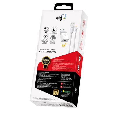 Kit Carregador de Parede Lightning ELG KT810WC Branco 1m