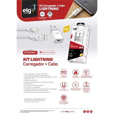 Kit Carregador de Parede Lightning ELG KT810WC Branco 1m