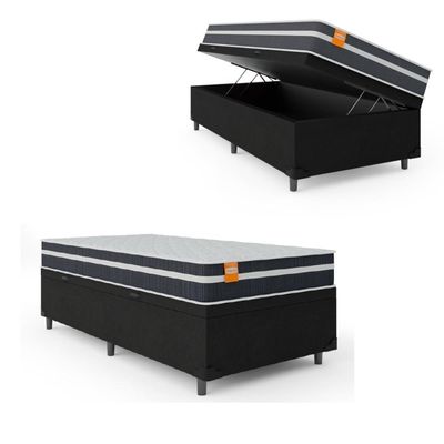 Cama Box Solteiro Baú Colchão Molas Qatar 88x188x63cm Branco / Preto - Suporta Até 150kg Preto