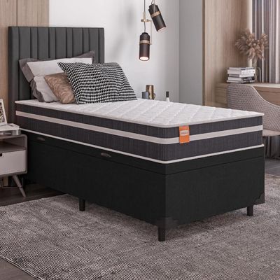 Cama Box Solteiro Baú Colchão Molas Qatar 88x188x63cm Branco / Preto - Suporta Até 150kg Preto