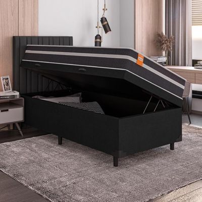 Cama Box Solteiro Baú Colchão Molas Qatar 88x188x63cm Branco / Preto - Suporta Até 150kg Preto