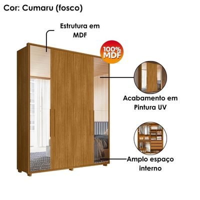 Guarda Roupa Casal 4 Portas Com Espelho Mdf Greco 188 Cm Cumaru Madetec