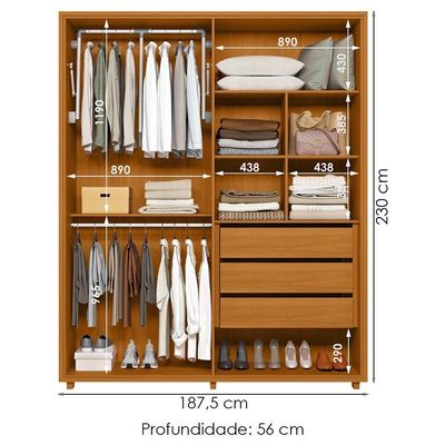 Guarda Roupa Casal 4 Portas Com Espelho Mdf Greco 188 Cm Cumaru Madetec