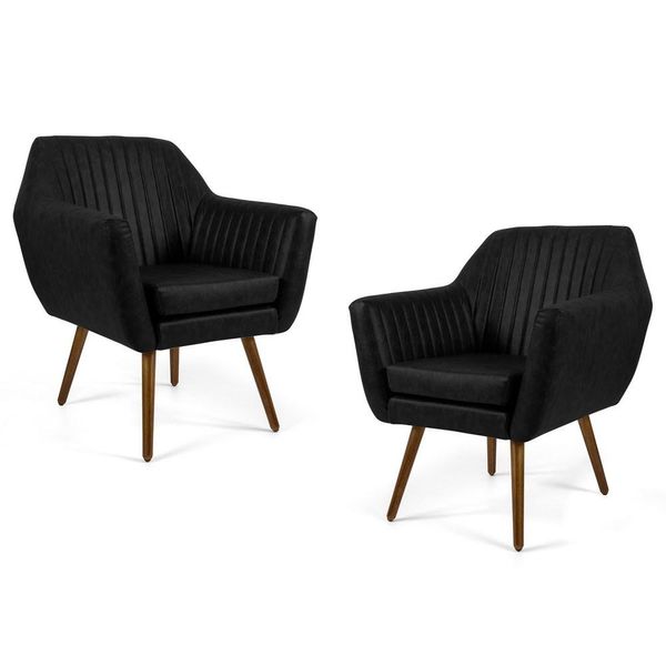 Kit 02 Poltronas Decorativas Dani Pés Palito Madeira B-97 Corano Tressê Preto - Domi