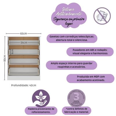 Cômoda Infantil 65cm Com 4 Gavetas Encanto Multimóveis Mp4427 Branco Branco