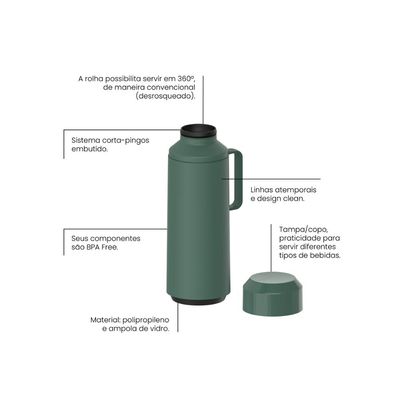 Garrafa Térmica Tramontina Exata em Polipropileno Verde com Ampola de Vidro e Tampa Rosqueável 1 L