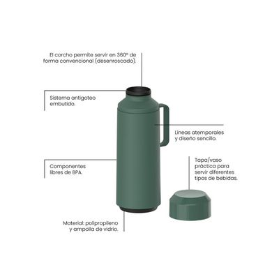 Garrafa Térmica Tramontina Exata em Polipropileno Verde com Ampola de Vidro e Tampa Rosqueável 1 L
