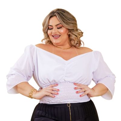 BLUSA  PLUS SIZE DOLCE SEDUTTI CROPPED ELASTEX BRANCA 52 / Branco