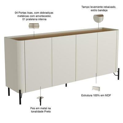 Aparador Buffet Para Sala de Jantar 4 Portas Pés Industrial Preto Naim I03 Luna Louro - Lyam Decor