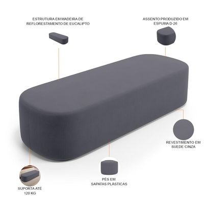 Cabeceira Cama Box King 195cm Lanna com Puff Recamier Doha W01  Suede Cinza - Lyam Decor