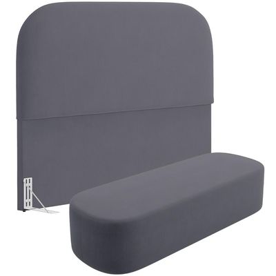 Cabeceira Cama Box King 195cm Lanna com Puff Recamier Doha W01  Suede Cinza - Lyam Decor