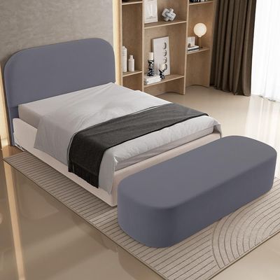 Cabeceira Cama Box King 195cm Lanna com Puff Recamier Doha W01  Suede Cinza - Lyam Decor