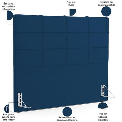 Kit Cabeceira Cama Box King 195cm com Calçadeira Roma W01 Suede Azul Marinho - Lyam