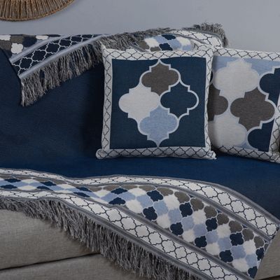 Kit Xale Para Sofá Com Franja Grécia 5 Peças 1,35m x 1,35m 60% Algodão / 40% Poliéster Tecido Jacquard - Azul