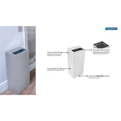 Lixeira Inox Tramontina Square com Acabamento Polido 50 L