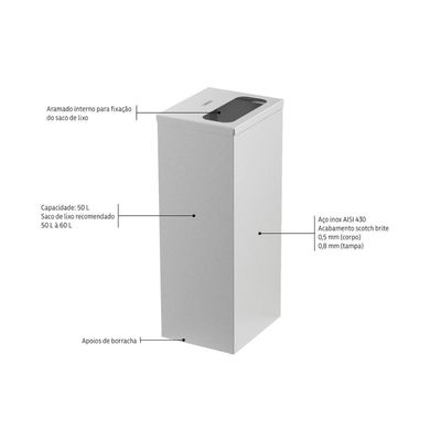 Lixeira Inox Tramontina Square com Acabamento Polido 50 L
