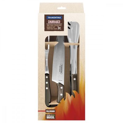 Jogo para Churrasco Tramontina em Aço Inox com Cabo Castanho Polywood 3 Peças